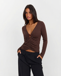 Théa Dusoleil | Ruched Long Sleeve Top in Chocolate Brown with V-Neckline