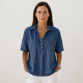 Quinley | Chemise décontractée en lin à col boutonné, bleu denim