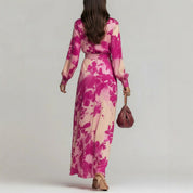 Isadora Veltri | Chiffon Floral Maxi Dress Deep V Lantern Sleeve