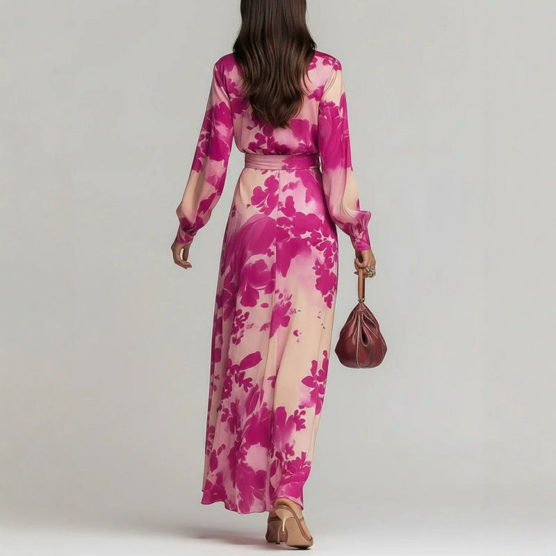 Isadora Veltri | Chiffon Floral Maxi Dress Deep V Lantern Sleeve