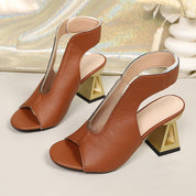 Penelope Scott | Gold Woven Block Heel Slingback Sandals