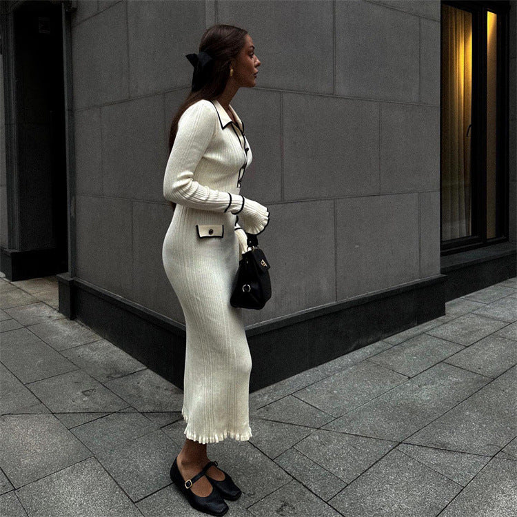 Penelope Green | Ribbed Knit Collared Midi Dress