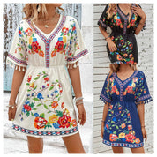Esmeralda Fuentes | Bohemian Floral Print Mini Dress with Tassel Trim
