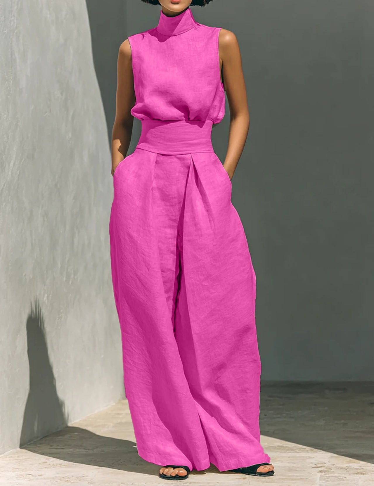 Nadia Serrano | Linen-Look Turtleneck Top & Wide-Leg Trouser Set