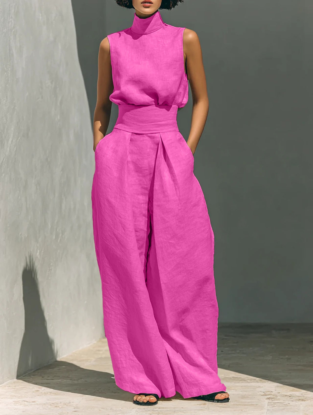 Nadia Serrano | Linen-Look Turtleneck Top & Wide-Leg Trouser Set