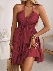 Sienna Calloway | Halter V-Neck Tiered Mini Dress in Sage Green