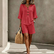 Freya Thornton | Linen Two-Piece Shorts Set with Ruffle Sleeve Detail