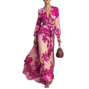 Isadora Veltri | Chiffon Floral Maxi Dress Deep V Lantern Sleeve