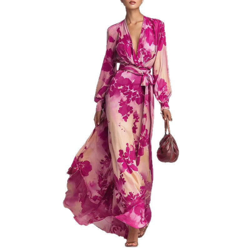 Isadora Veltri | Chiffon Floral Maxi Dress Deep V Lantern Sleeve