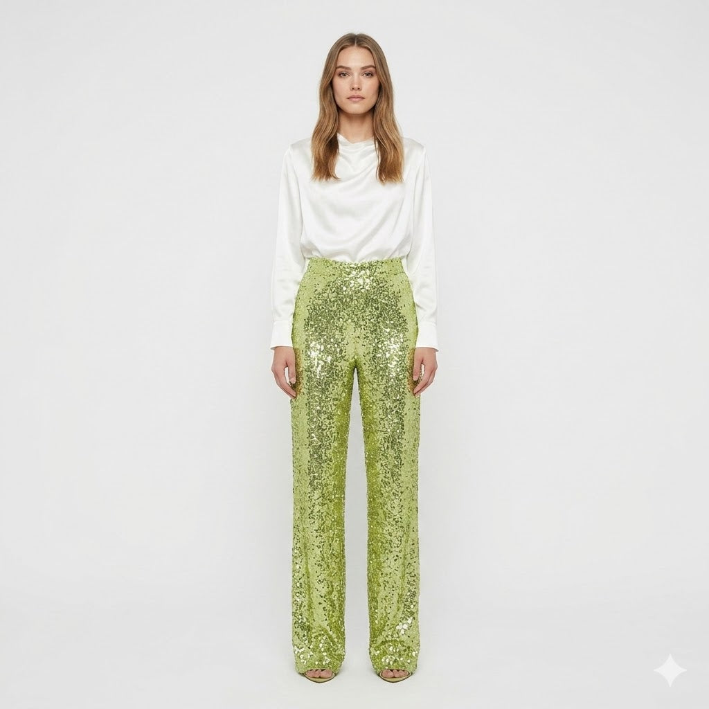 Phoebe Griffiths | Lime Sequin Wide-Leg Party Trousers