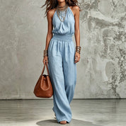 Cecily Adams | Halter Neck Wide-Leg Jumpsuit with Smocked Waist