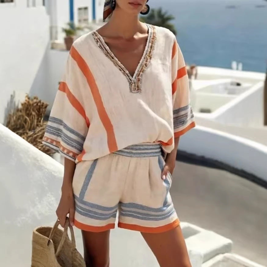 Soraya Dimitriou | Linen Striped V-Neck Top & Shorts Set – Coastal Summer Co-ord