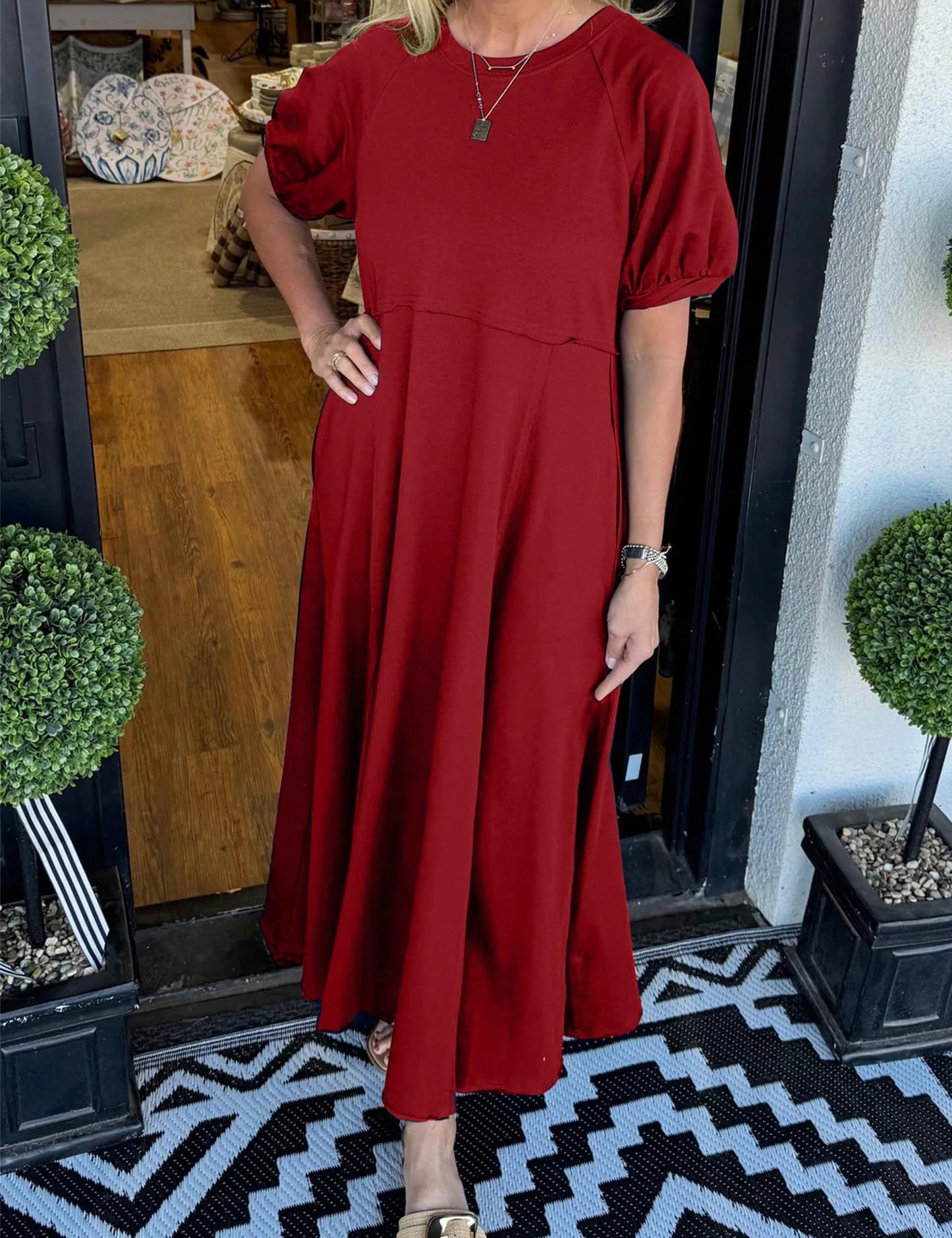 Millicent Hughes | Puff Sleeve Round Neck Maxi Dress