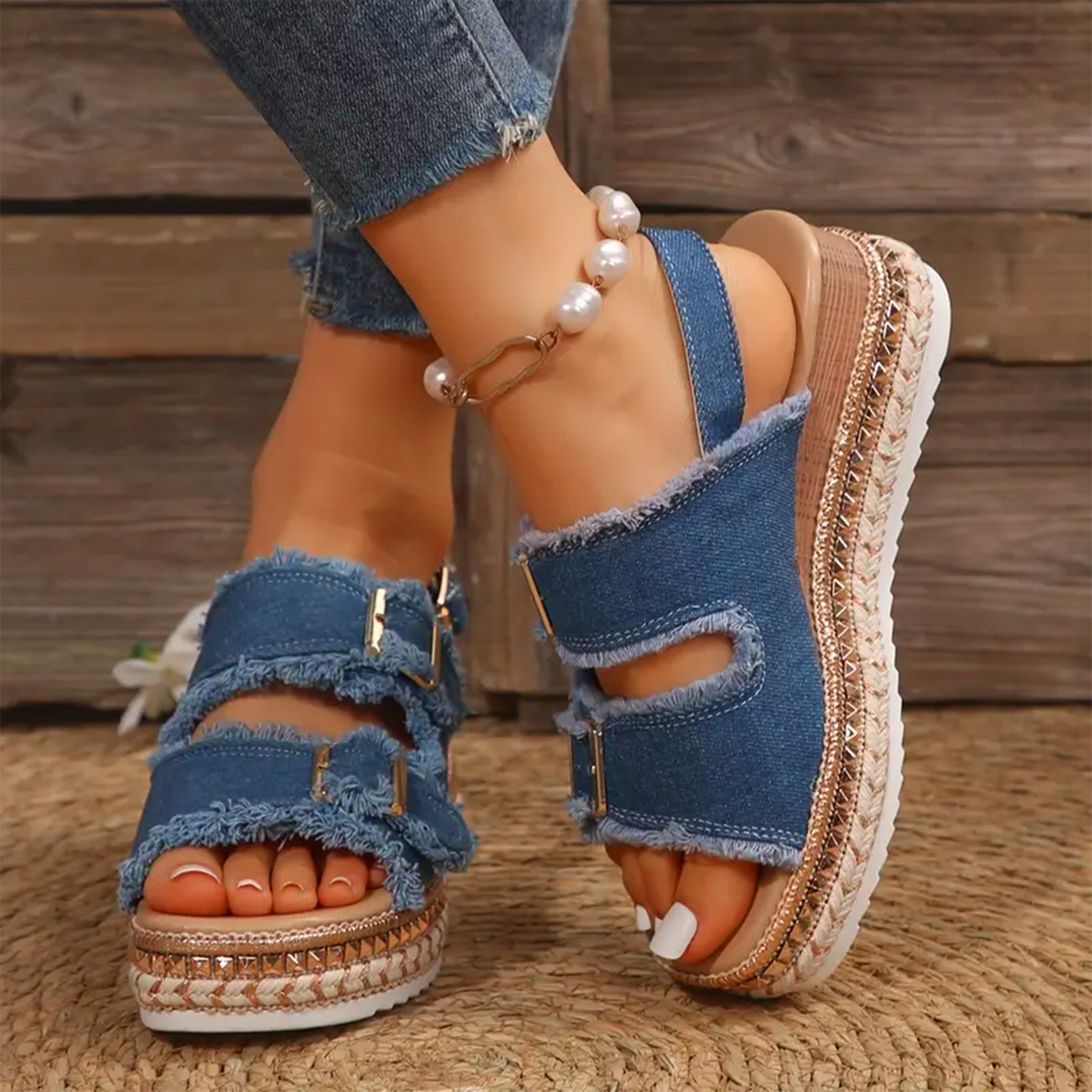 Rosie Edwards | Denim Platform Sandals with Espadrille Wedge