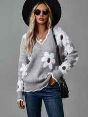 Nell Harrington | Floral Knit Sweater With V-Neck