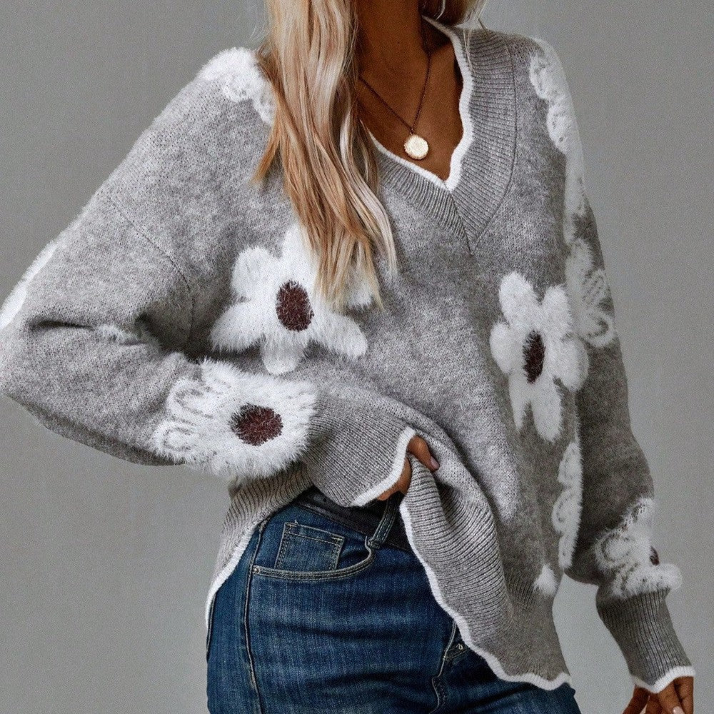 Nell Harrington | Floral Knit Sweater With V-Neck