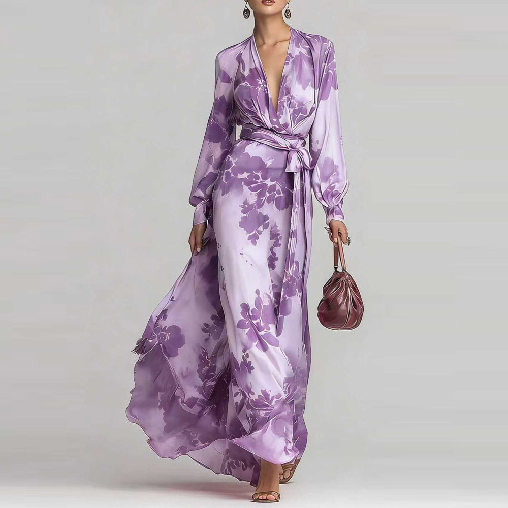 Isadora Veltri | Chiffon Floral Maxi Dress Deep V Lantern Sleeve
