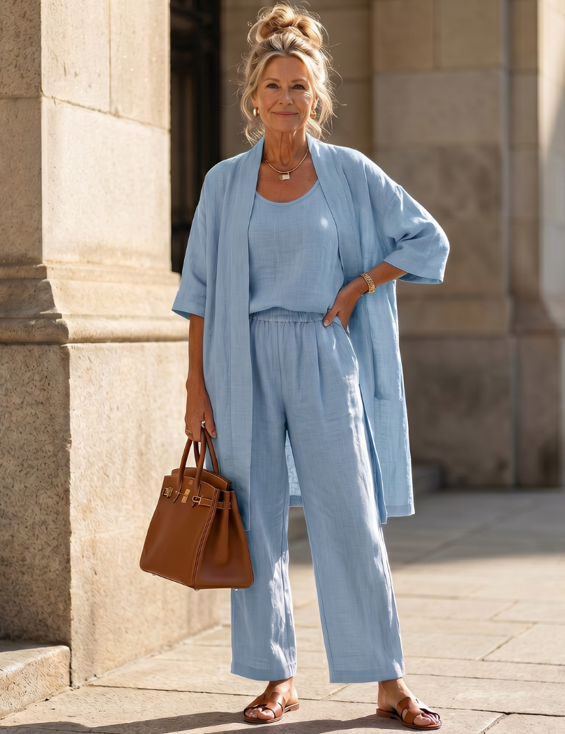Dorinda Hughes | Three-Piece Linen Blend Outfit Set in Dusty Rose
