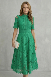 Arabella Courtney | Ornate Lace High-Neck Midi Dress in Fuchsia Pink