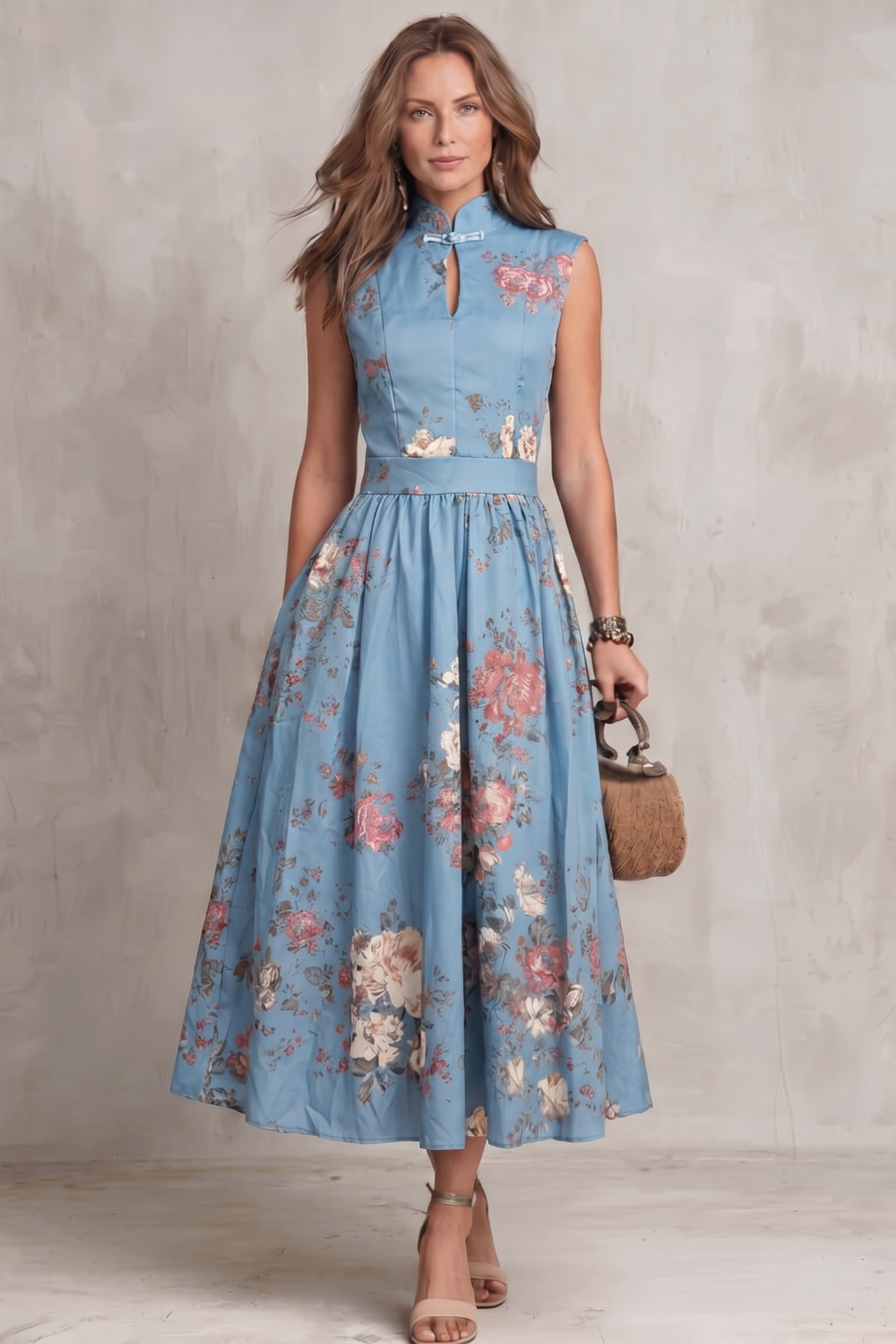 Dorothea Reynolds | Noirelle Vintage Floral Midi Dress with Keyhole Mandarin Collar