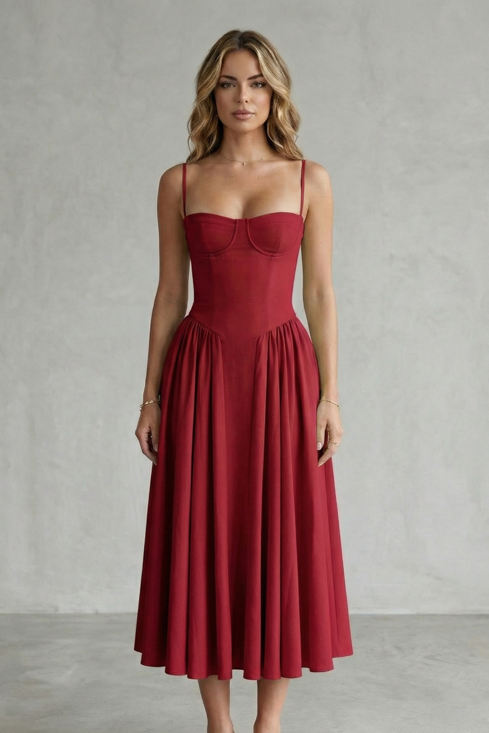 Eleanor Whitfield | Sage Green Corset Midi Dress – Structured Pleated