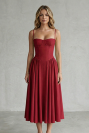 Eleanor Whitfield | Sage Green Corset Midi Dress – Structured Pleated