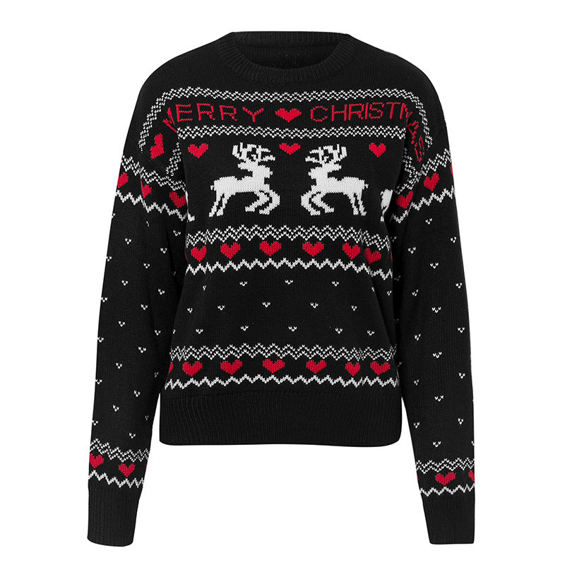 Winter Fawn | Pull de Noël à motif jacquard cerf noir pour femmes