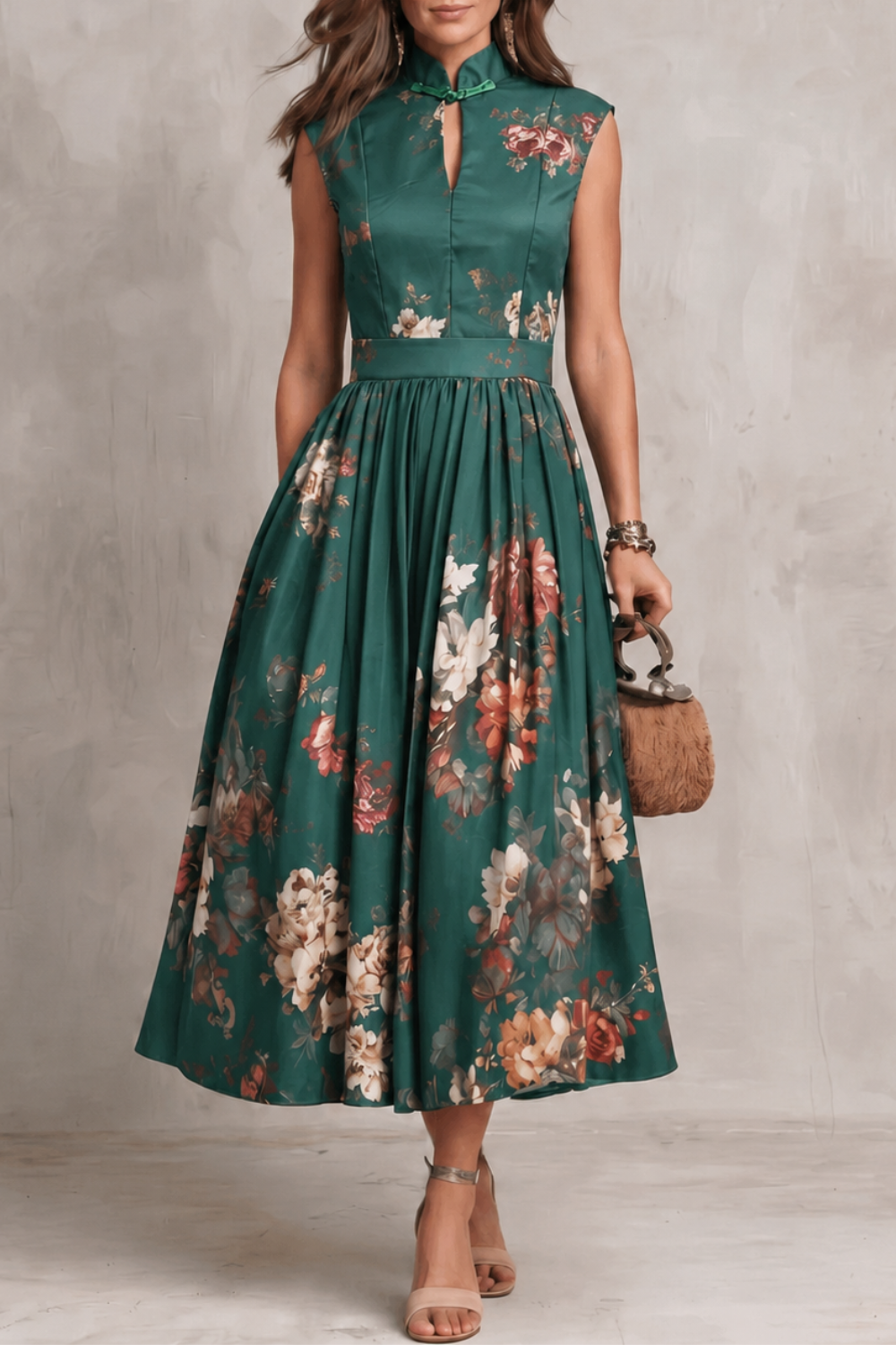 Dorothea Reynolds | Noirelle Vintage Floral Midi Dress with Keyhole Mandarin Collar