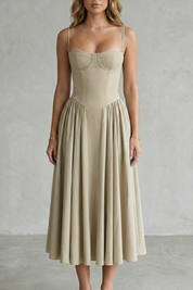 Eleanor Whitfield | Sage Green Corset Midi Dress – Structured Pleated