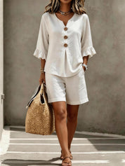Freya Thornton | Linen Two-Piece Shorts Set with Ruffle Sleeve Detail