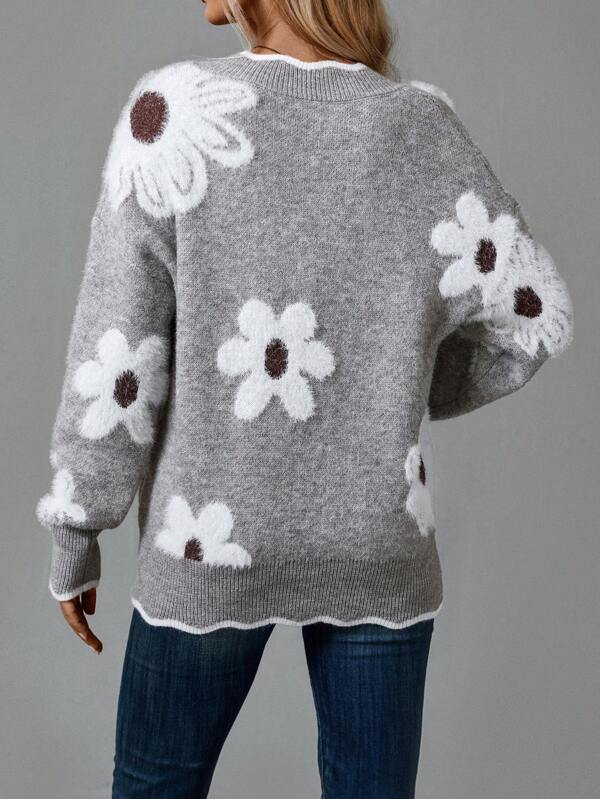 Nell Harrington | Floral Knit Sweater With V-Neck