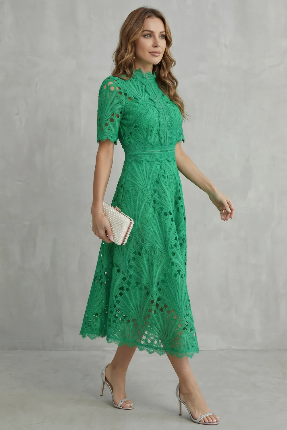 Arabella Courtney | Ornate Lace High-Neck Midi Dress in Fuchsia Pink