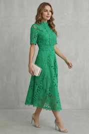 Arabella Courtney | Ornate Lace High-Neck Midi Dress in Fuchsia Pink