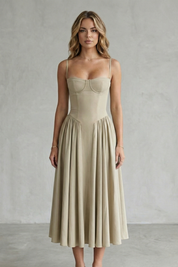 Eleanor Whitfield | Sage Green Corset Midi Dress – Structured Pleated