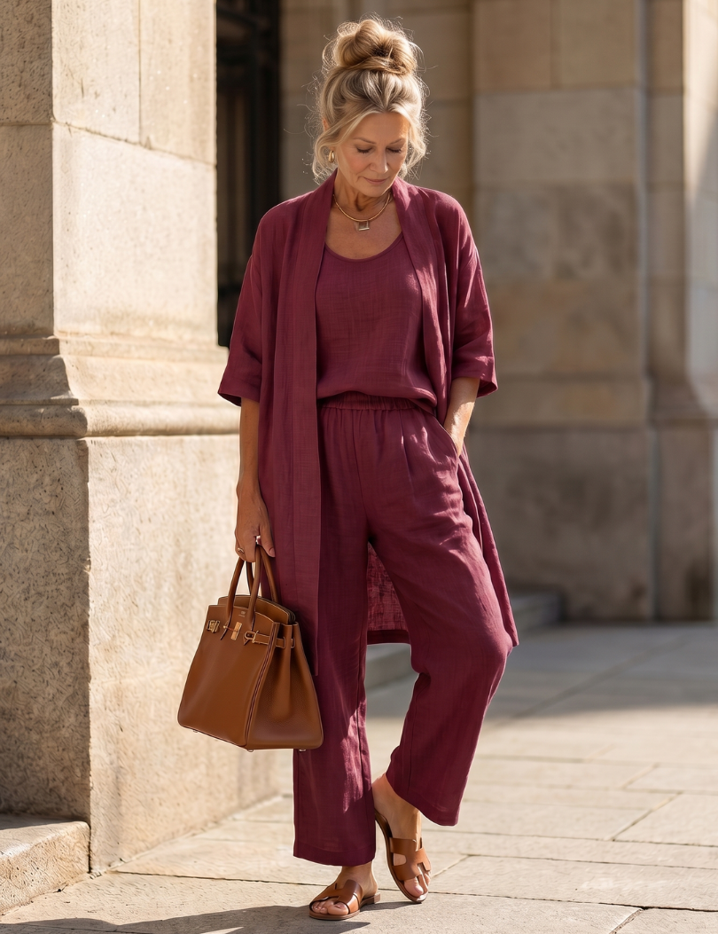 Dorinda Hughes | Three-Piece Linen Blend Outfit Set in Dusty Rose