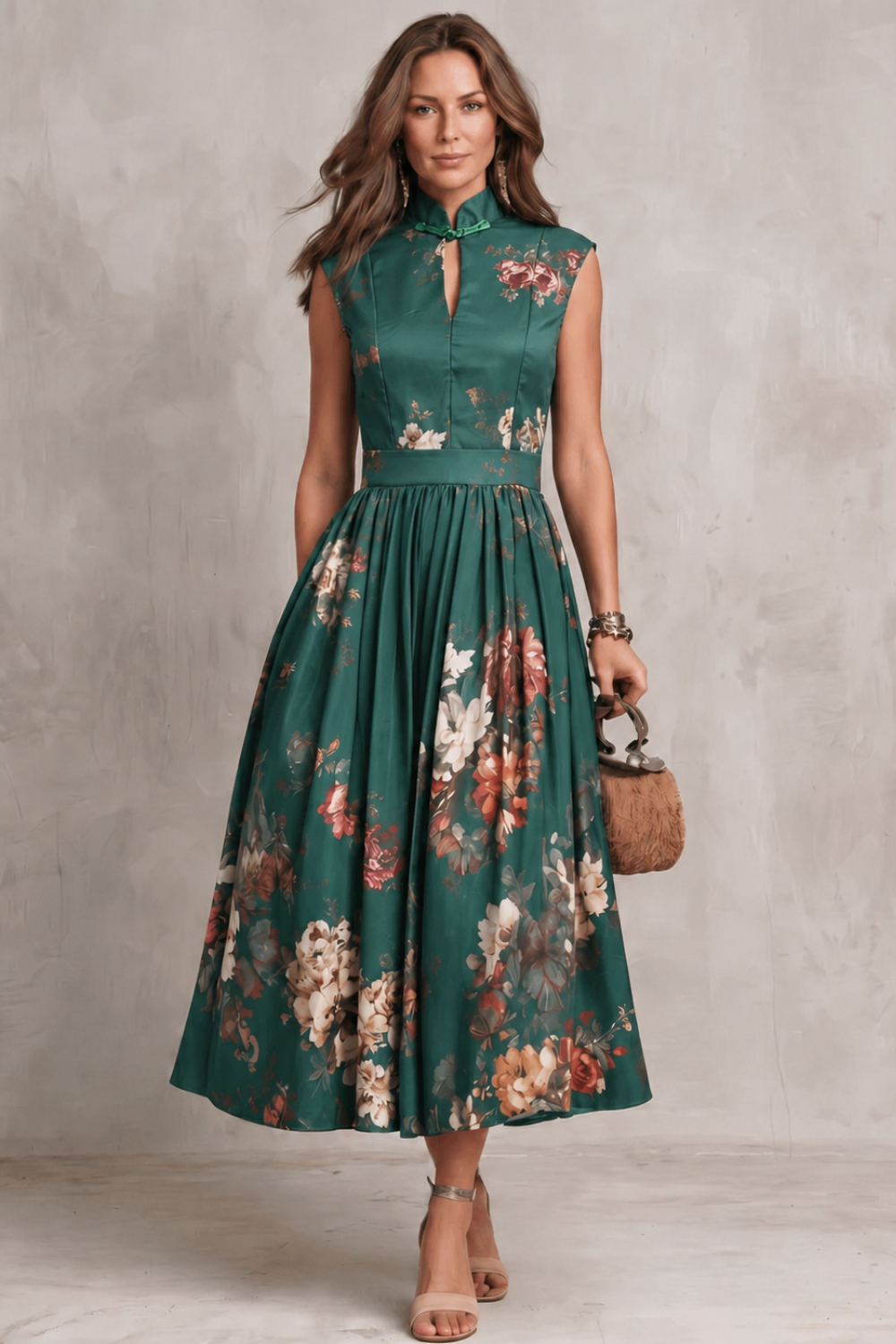 Dorothea Reynolds | Noirelle Vintage Floral Midi Dress with Keyhole Mandarin Collar