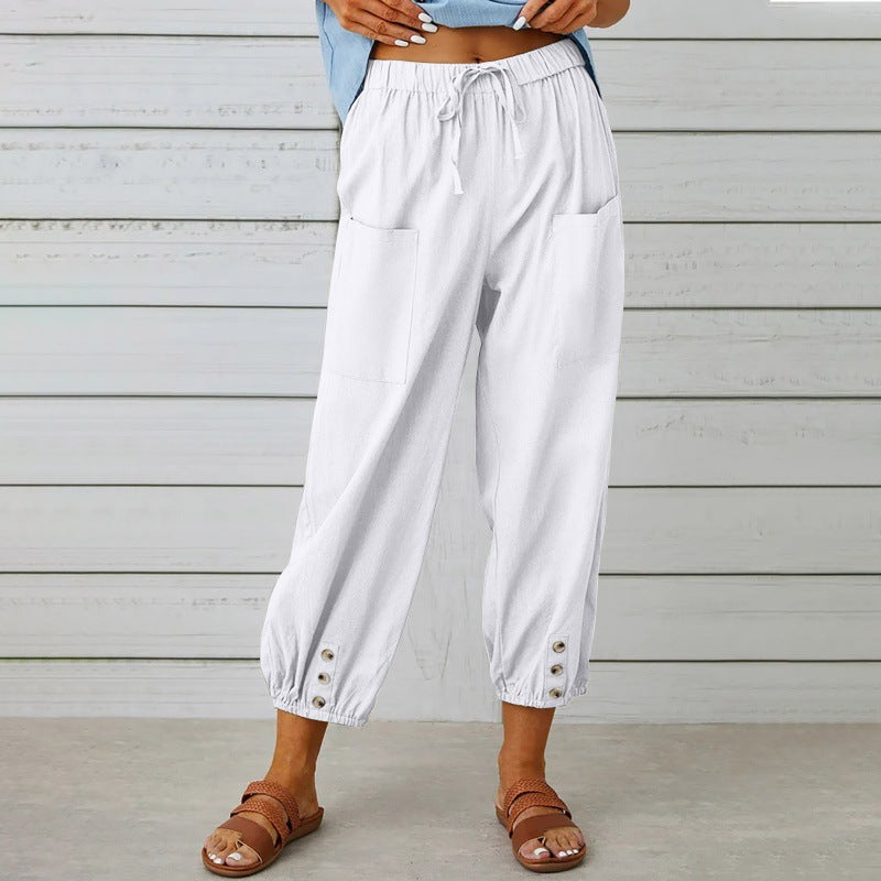 Paloma Delgado | Relaxed Drawstring Cropped Trousers with Button Hem