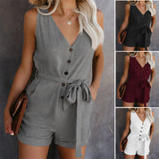Millie Turner | V-Neck Button-Front Playsuit with Tie Waist