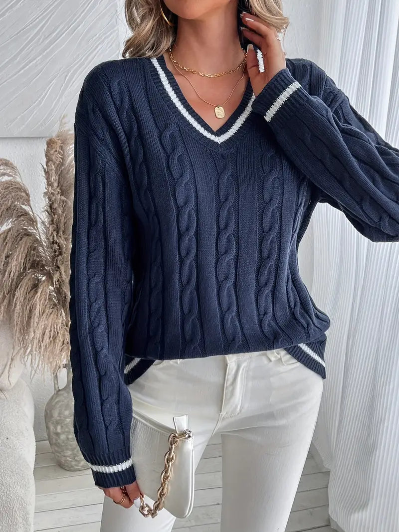 Georgina Wells | Cable Knit V-Neck Sweater with Varsity Trim