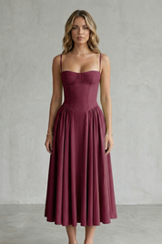 Eleanor Whitfield | Sage Green Corset Midi Dress – Structured Pleated