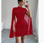 Phoebe Clarke | Glitter Cape Sleeve Mini Dress with Mock Neck