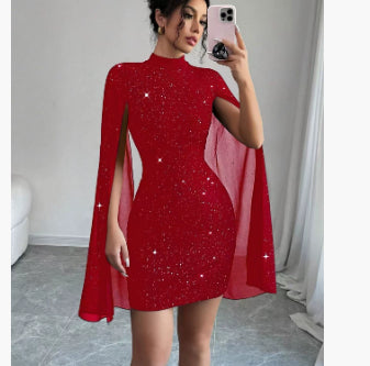 Phoebe Clarke | Glitter Cape Sleeve Mini Dress with Mock Neck