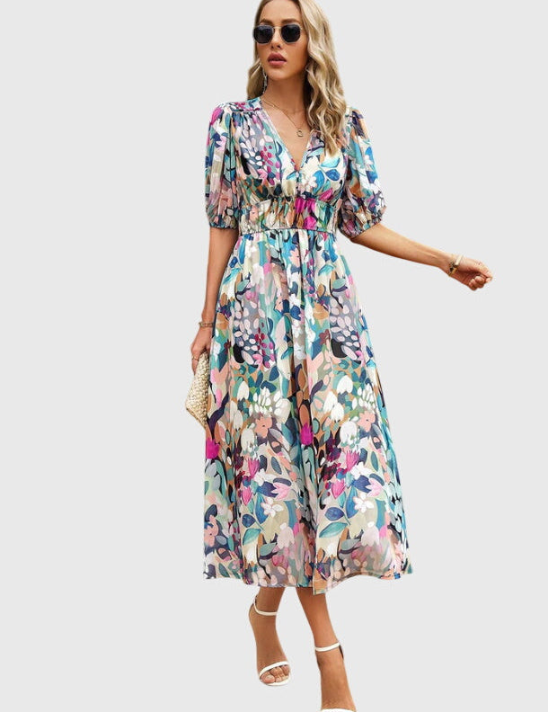 Beatrice Sandford | Floral V-Neck Midi Dress With Smocked Waist