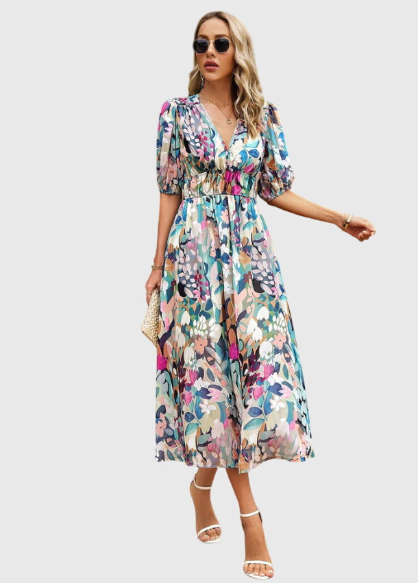 Beatrice Sandford | Floral V-Neck Midi Dress With Smocked Waist