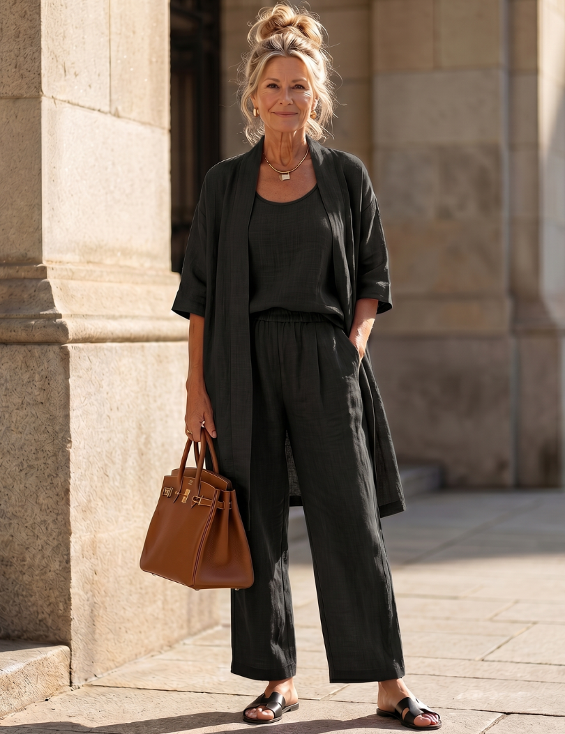 Dorinda Hughes | Three-Piece Linen Blend Outfit Set in Dusty Rose