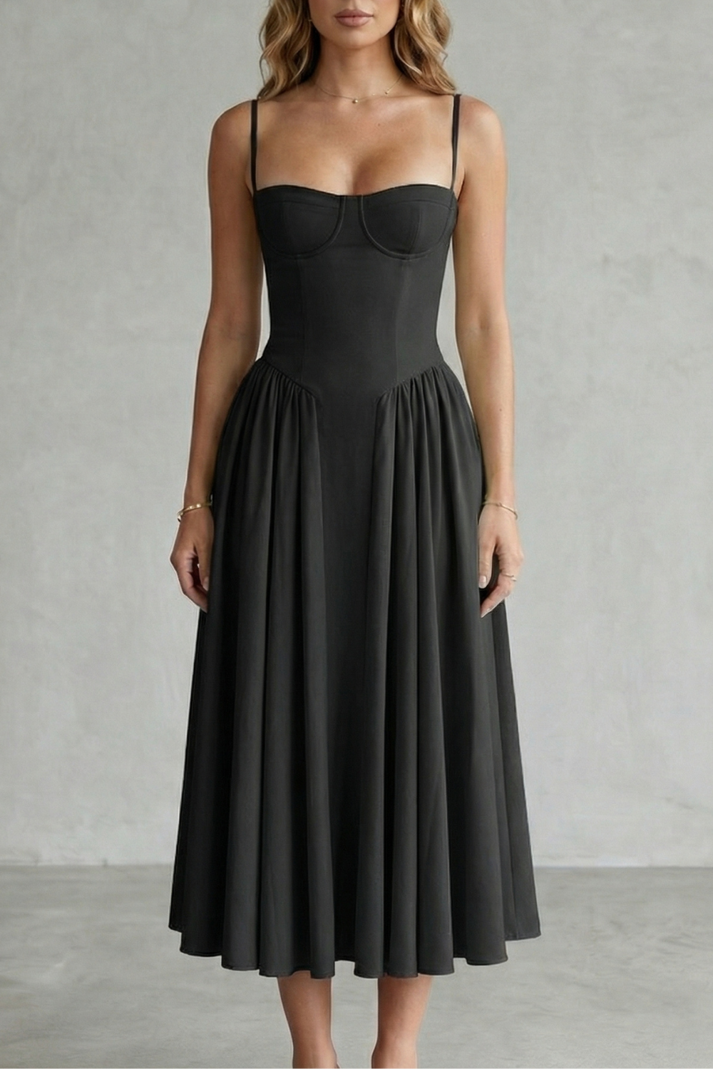 Eleanor Whitfield | Sage Green Corset Midi Dress – Structured Pleated
