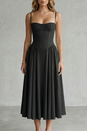 Eleanor Whitfield | Sage Green Corset Midi Dress – Structured Pleated
