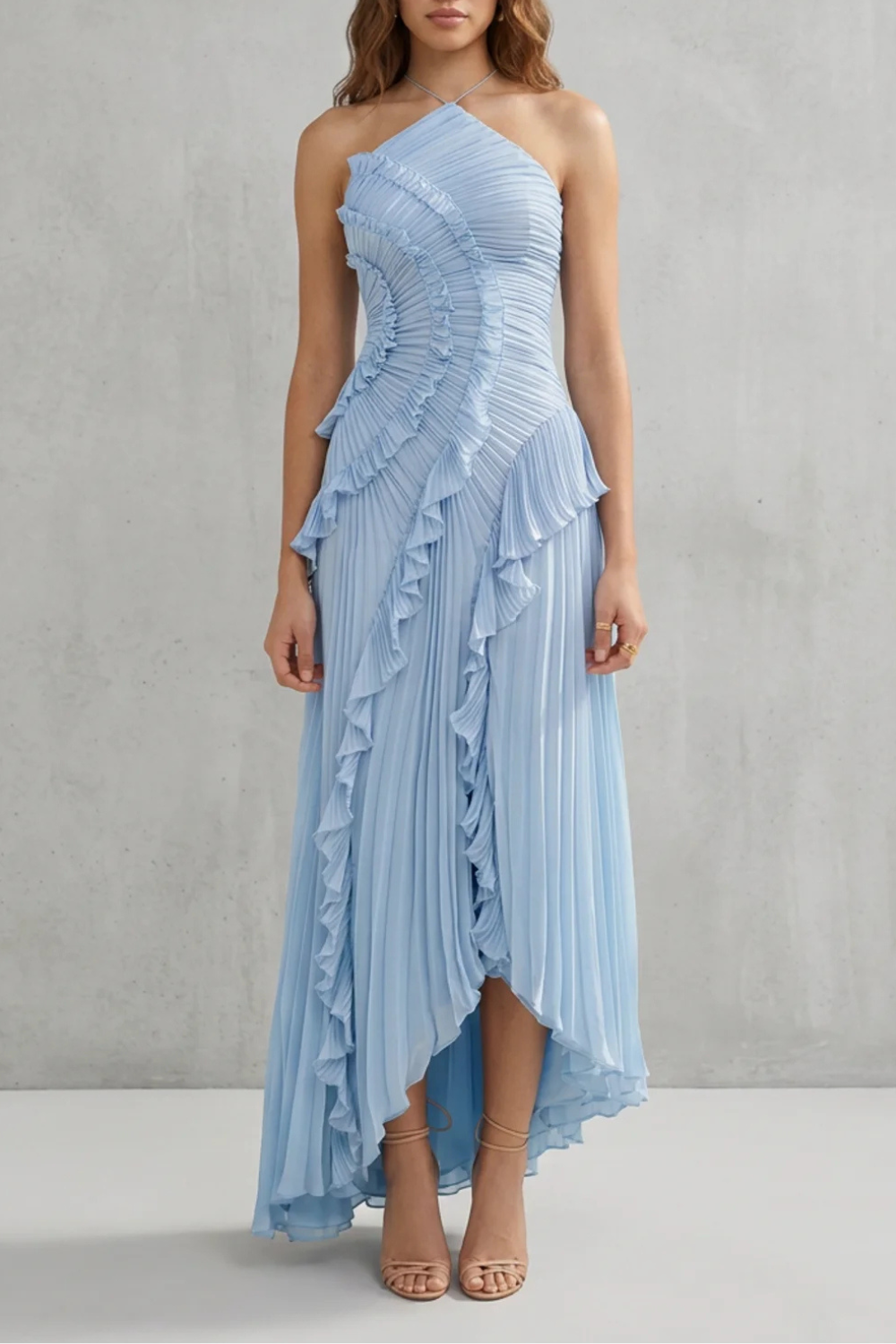 Cordelia Ashton | Sculpted Pleats Halter Midi Dress in Dusty Lilac