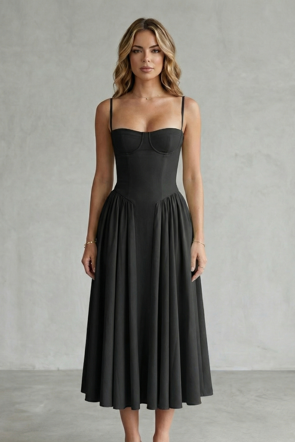 Eleanor Whitfield | Sage Green Corset Midi Dress – Structured Pleated