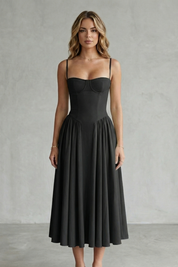 Eleanor Whitfield | Sage Green Corset Midi Dress – Structured Pleated